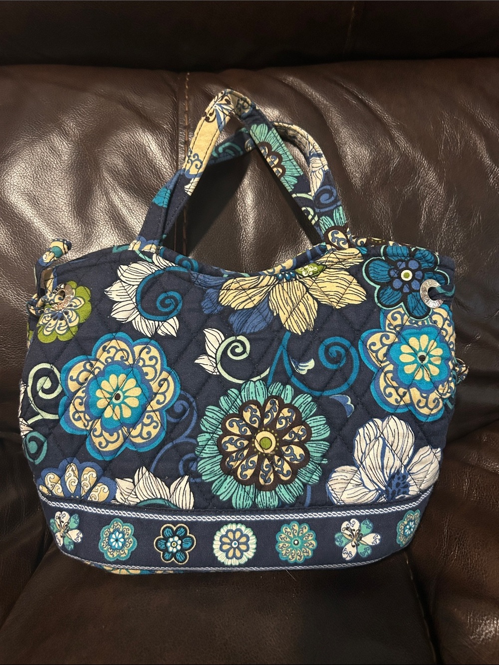 Vera Bradley Quilted Floral Tote in Navy, Teal, Cream, and Yellow